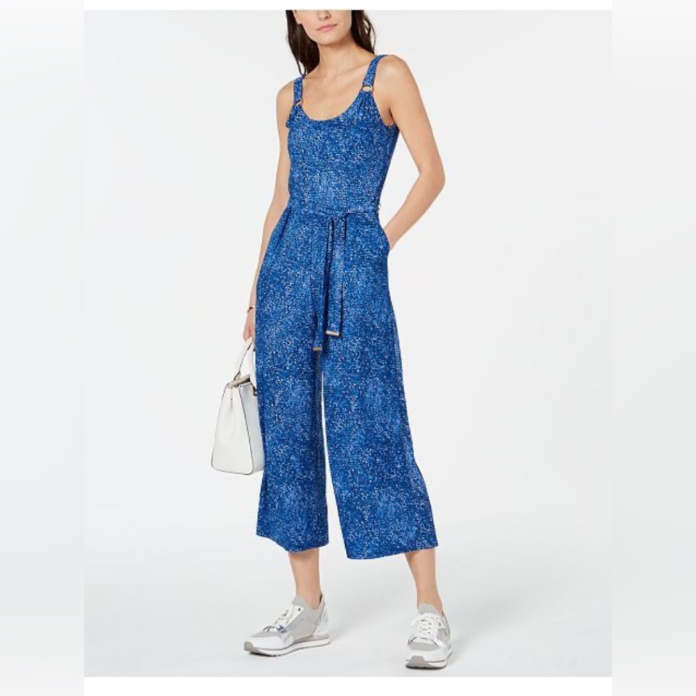 Michael Kors Blue Floral Jumpsuit with Wide-Leg Cropped Pants Large